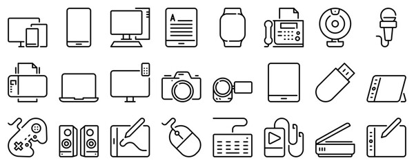 Line icons about devices on transparent background with editable stroke.