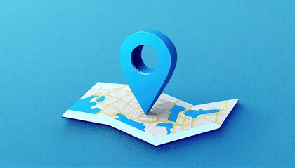 Locator mark of map and location pin or navigation icon sign on blue background with search concept. 3D rendering. Generative AI.