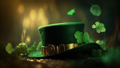 Banner with Shiny green hat, gold coins and clover leaves. St. Patrick's day concept. Generative AI