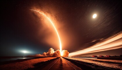 Earth's Spaceport: Stunning Night View of Shuttle Launch from Earth. Generative AI.