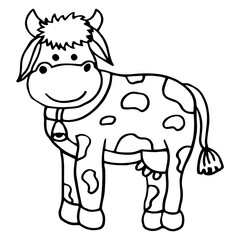 Cute Cow in hand drawn style isolated on white background. Coloring or label  design