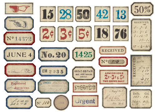 Set of vintage grungy paper labels with numbers and stamps for Scrapbooking and Junk Journals