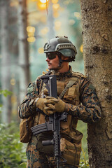 Fototapeta premium A modern warfare soldier on war duty in dense and dangerous forest areas. Dangerous military rescue operations