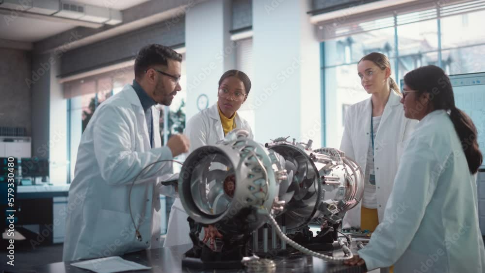 Aufkleber team of industrial engineers working on a futuristic jet engine, discussing in scientific technology