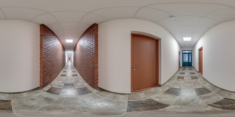 full seamless spherical hdri 360 panorama in interior of long empty corridor room in modern apartments, office with many wooden doors and brick walls in equirectangular projection