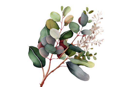 tree branches eucalyptus isolated on white background. Hand drawn watercolor illustration transparent png. Generative ai.