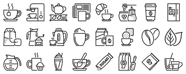 Line icons about coffee and tea on transparent background with editable stroke.