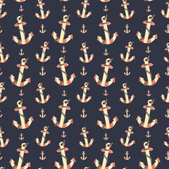Wooden, striped anchors with a rope on a dark blue background. Watercolor illustration. Seamless pattern from SEA FISHING collection. For fabric, wallpapers, textiles, prints.