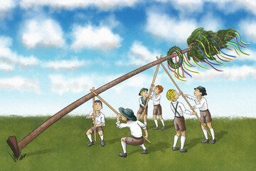illustration of a maypole being set up by strong men - obrazy, fototapety, plakaty