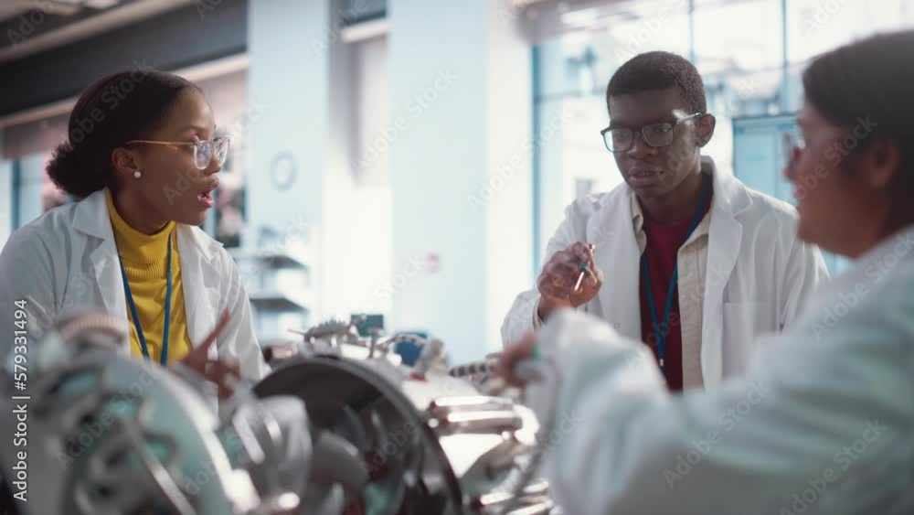 Poster team of industrial engineers working on a futuristic jet engine, discussing in scientific technology