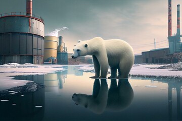A polar bear stranded on a small piece of ice in a melting Arctic, with a factory visible in the distance.. Generative AI