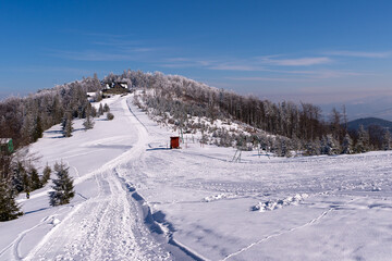 Fototapeta na wymiar Widok z góry na Beskid Śląski, śnieg na drzewach (11).