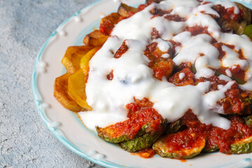 Turkish style mixed vegetable fried with yoghurt (Yogurtlu Karisik Kizartma)