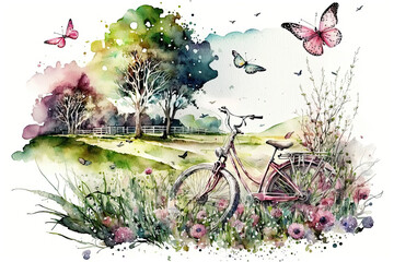 Bright landscape view with spring meadow, a bicycle, butterflies, and green grass. Generative AI