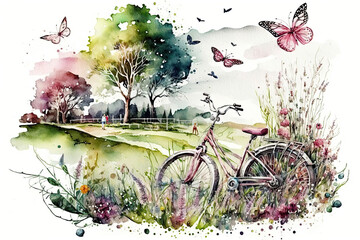 Bright landscape view with spring meadow, a bicycle, butterflies, and green grass. Generative AI