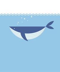 Vector Whale Flat Illustration With Blue Background.