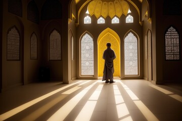 Islamic background painting. Mosque and shadows. Light rays from mosque window or door. Prayer's vision, generative ai. Muslim art.