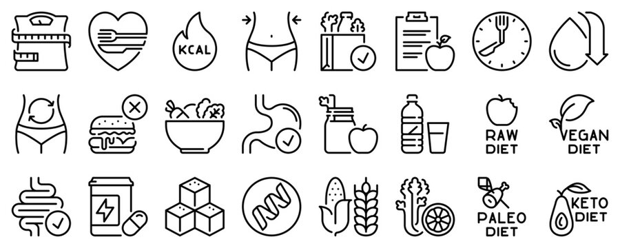 Line icons about diet on transparent background with editable stroke.