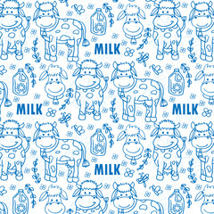 Cute seamless pattern on white background decorated with little cows milk box and splash design for world milk day.