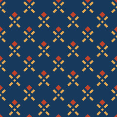 Retro pattern. Vector ornamental geometric seamless texture. Simple ornament with lines, crosses, squares, repeat tiles. Abstract vintage geo background. Dark blue, red and yellow color. Folk design