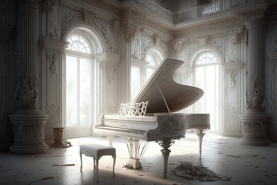 An lonely white grand piano from the classical era. Generative AI