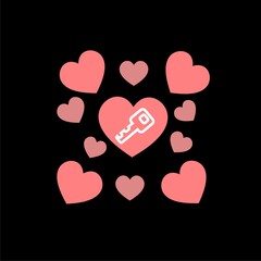 Heart shaped lock key icon isolated on black background. 