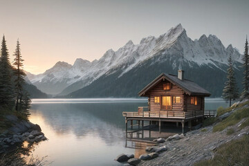 Cabin on the lake on sunset