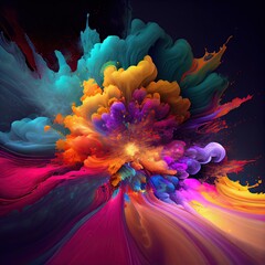 Explosion of cloudy red, green and blue powder. Freeze motion of color powder exploding. 3D Illustration. Freeze motion of colored powder explosions isolated on white background. Generative Ai