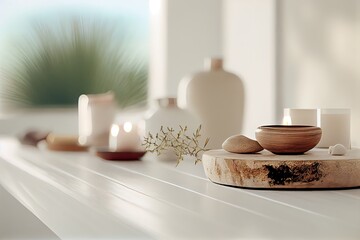 Spa stones, towel and candles on color background. Spa composition and treatments on light wooden background, close-up. Generative Ai