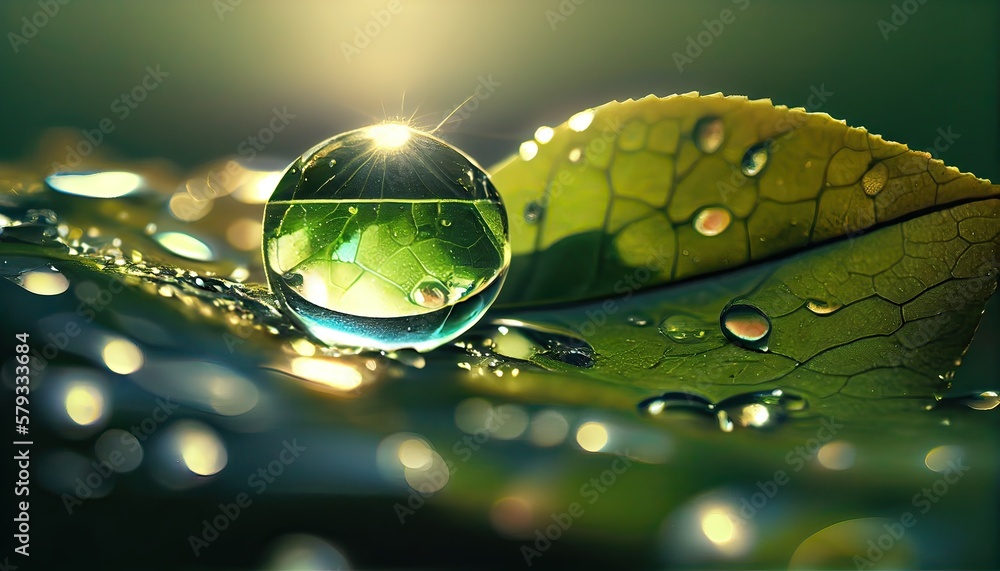 Sticker large beautiful drops of transparent rain water on a green leaf macro. drops of dew in the morning g