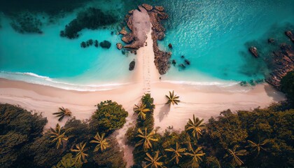 Aerial Drone Photo of waves crashing on the beach. Top view aerial drone shot of beautiful white sand beach with green coconut trees and crystal clear sea water in summer. Generative Ai