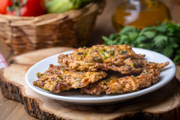 Mucver, Turkish traditional food. (Turkish cuisine) Homemade Food with Zucchini.