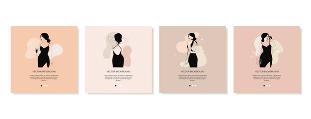 Set of modern vertical social media templates in nude colors for beauty industries. Elegant linear female figure in an evening dress. Vector