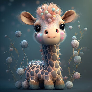 Cartoon of a cute funy tiny jiraffe on colored background. Generative AI