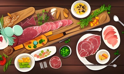 Assorted Meats and Cheese Charcuterie Board Anime Illustration. Created with Generative AI.