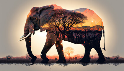 African landscape in silhouette of an elephant. Earth´s day concept. Generative AI