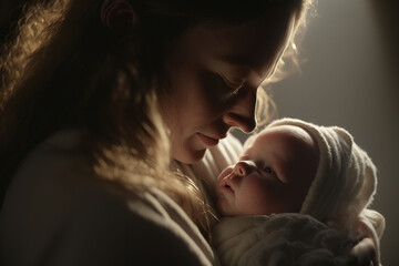 Mother's Day | An intimate close up shot of mother cradling her newborn baby in her arms, The baby’s delicate skin illuminated by the gentle light, her tiny hands grasping her mother’s finger. Ai.