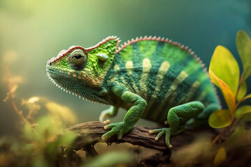 Obraz premium Green chameleon with textured skin close-up, blurred tropical background. Multi-colored skin of a chameleon in nature. Generative AI.