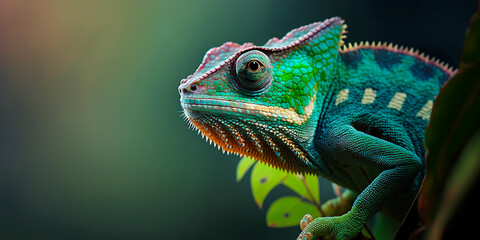 Obraz premium Green chameleon with textured skin close-up, blurred tropical background. Multi-colored skin of a chameleon in nature. Generative AI.