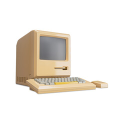 World's first Apple Macintosh computer. Old vintage desktop Macintosh 128K computer with mouse and keyboard in 1984. Retro technology. 3D Rendered Illustration.
