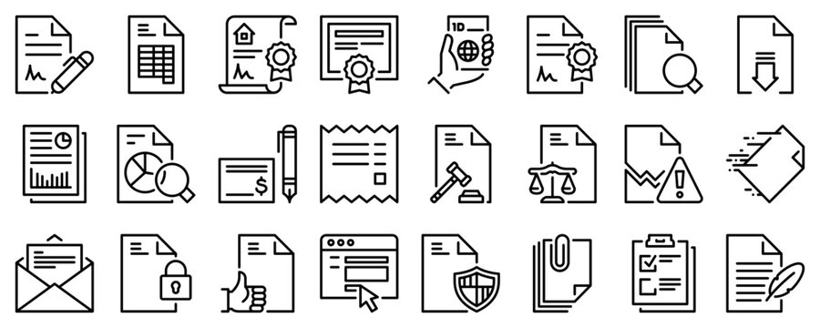 Line icons about documents on transparent background with editable stroke.
