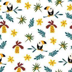 Toucans and tropical leaves seamless pattern. Jungle background for kids. Perfect for printing baby clothes, textiles fabrics. Vector cartoon illustration. 