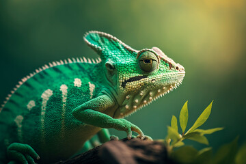 Fototapeta premium Green chameleon with textured skin close-up, blurred tropical background. Multi-colored skin of a chameleon in nature. Generative AI.