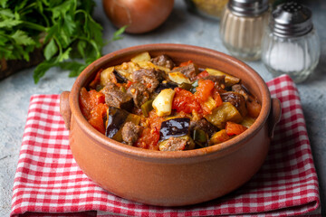 Traditional Turkish cuisine; Meaty Eggplant Dish. Turkish name; patlican guvec or patlican tava