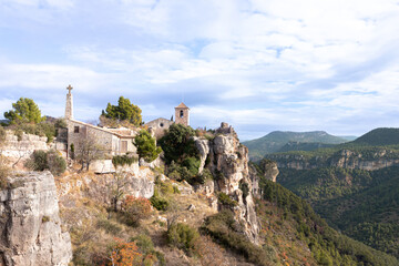 Stone church of Siurana on cliff.