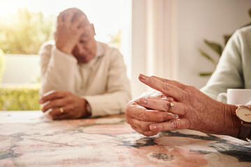 Divorce, closeup and hands with couple, issue and disagreement with anxiety, mental health and marriage. Zoom, man and woman remove ring, frustrated and stress together with problems and issues