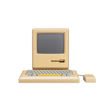 World's first Apple Macintosh computer. Old vintage desktop Macintosh 128K computer with mouse and keyboard in 1984. Retro technology. 3D Rendered Illustration.