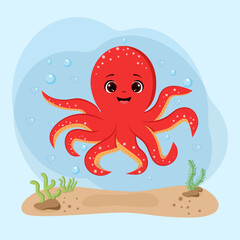 Isolated red happy octopus, underwater world, cartoon. Octopus, vector illustration EPS 10