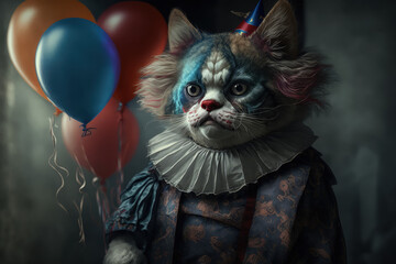 Cat in clown costume. Halloween concept. Generative ai