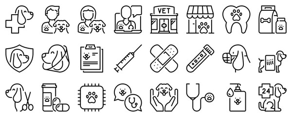 Line icons about dog and vet on transparent background with editable stroke. - 579335434
